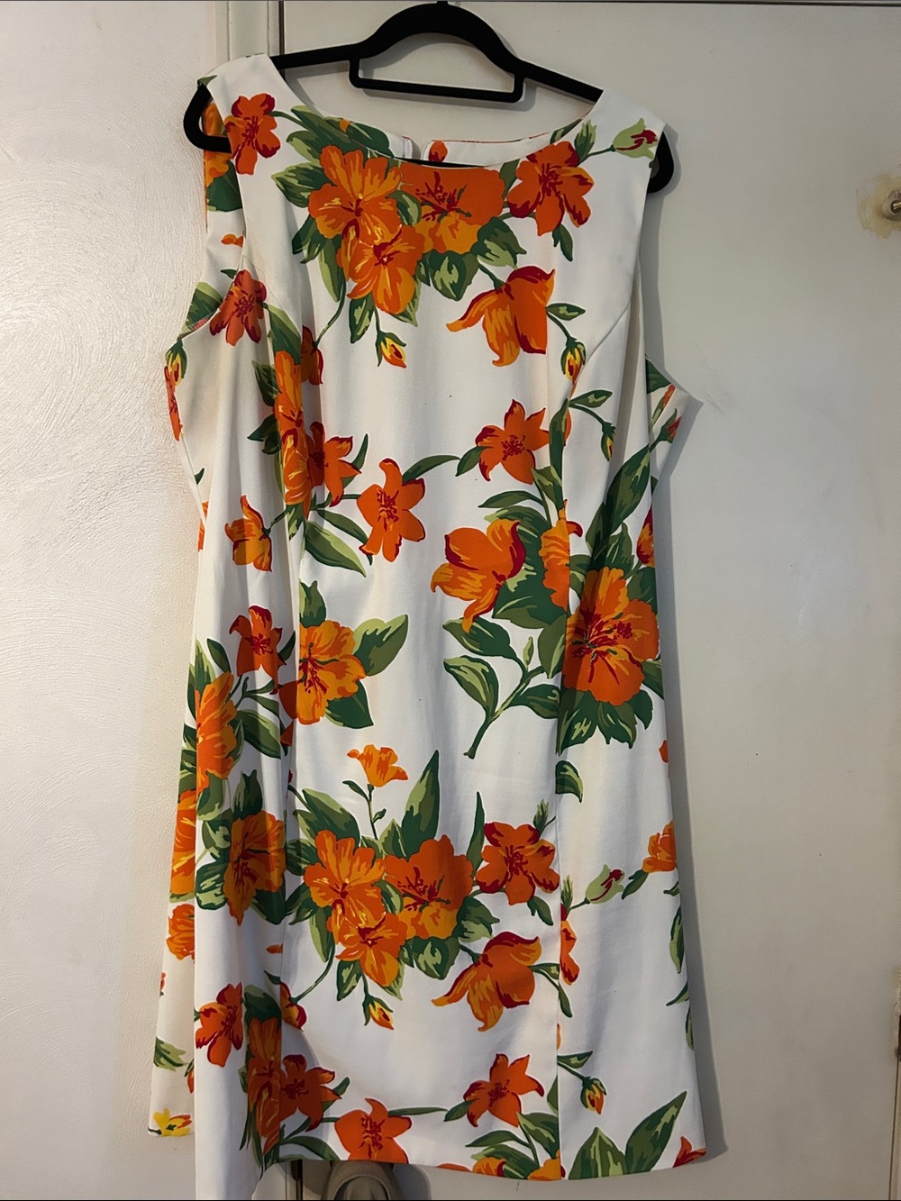 Kim Rogers White Mini Dress with Orange Floral Print and Green Leaves